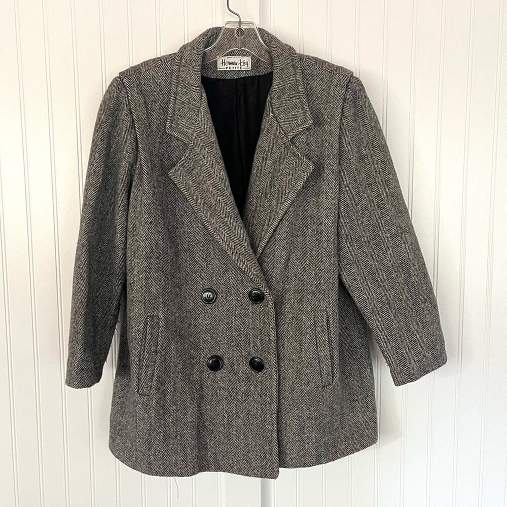 Vintage Gray Tweed Wool Peacoat Herman Kay Petite Pockets Chic Classic Sz XL